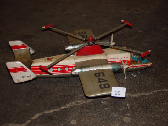 Sears Vertical-Liner tin metal battery operated toy airplane. Works! 3 pixs, Needs A Bath