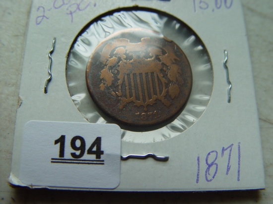 1871 Two Cent Piece, Two Rim Nicks