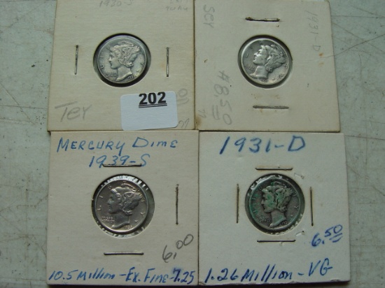 (4) Mercury Dimes: 1930-s, 39-s, 31-s