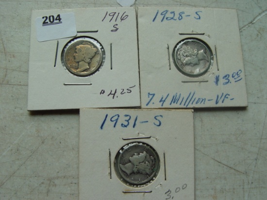 (3) Mercury Dimes: 1916-s, 28-s, & 31-s
