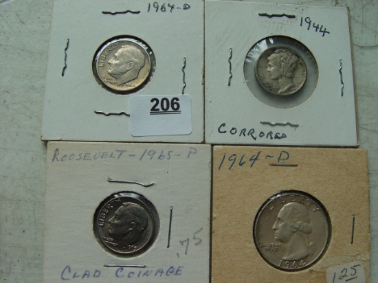 1944 Mercury Dime Corroded, 1964-d Quarter
