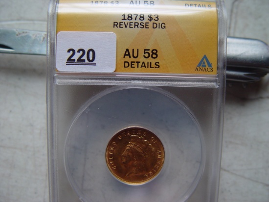 1878 $ 3 Gold Piece, Slabbed, AU 58, Pinpoint