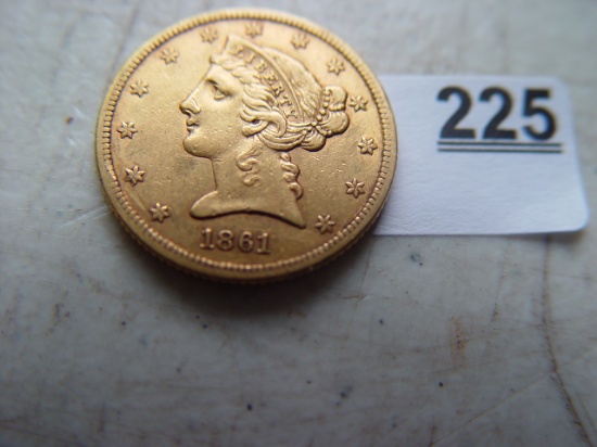 1861 Coronet Head $ 5 Gold  Piece