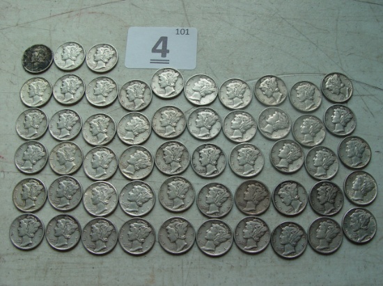 $ 5.30 In Face, All 90% Silver Dimes. 1940's