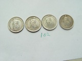 Swiss Silver 2 Francs, 1939, 1945, 1945 & 1948