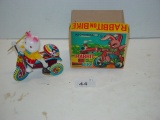 Wind up Tin Litho  Rabbit on Bike  Works Original box
