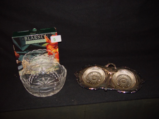 Silver plated relish tray & Lead Crystal 5 3/4" Round bowl