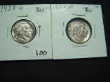 Pair of Lustrous BU 1938-D Buffalo Nickels