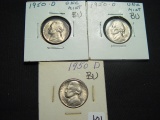 Three 1950-D BU Jefferson Nickels