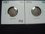 Pair of VG Seated Dimes: 1887 & 1890