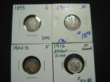 Four Barber Dimes: 1893  Good, 1901  Fine, 1914-D  Fine, 1916  Cleaned XF