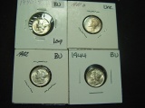 Four Different BU Mercury Dimes: 1940-S, 1941-D, 1942, 1944