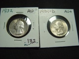 Pair of AU Washington Quarters: 1932 & 1939-D