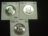 Three BU Franklin Halves:  1952 P-D-S