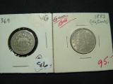 Pair of Early Nickels: 1869 Shield & 1883 