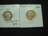 Pair of AU 1913 Ty. Buffalo Nickels