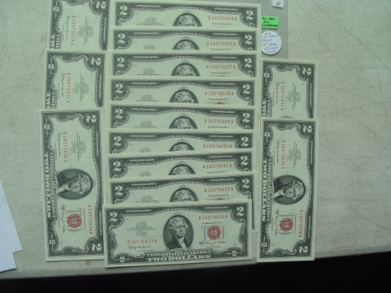 $2 Red Notes - 14 Total 1963A All CU All Consecutive FR 1514