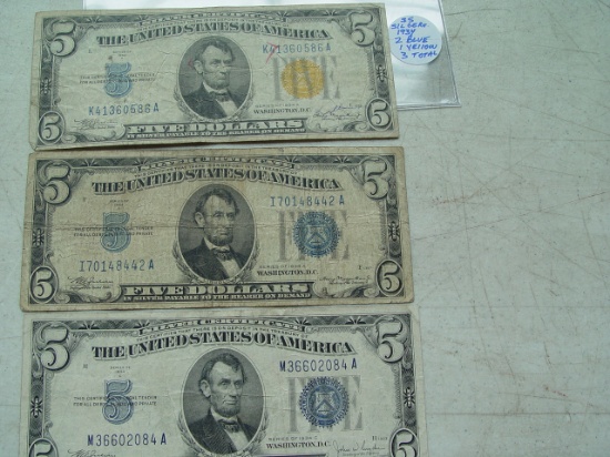 $5 Silver Certificate - 3 Total 1934 Blue (2), Yellow (1)