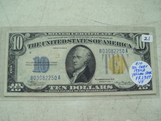 $10 Silver Certificate 1934A VF Yellow Seal FR 2309