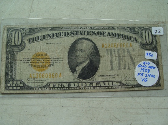 $10 Gold Certificate 1928 VG FR 2400