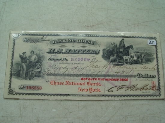 1912 R. S. Battles/Chase National Bank Ornate Erie Cty, PA Check