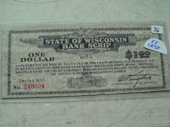 1933 State of Wisconsin Bank Scrip $1 EF