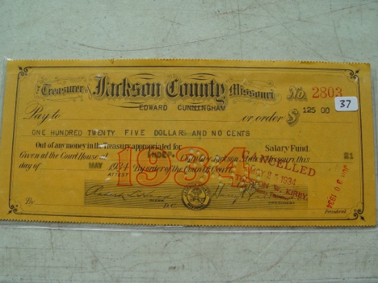 Harry Truman Signature on Jackson Cty, Missouri Cancelled Check 1934