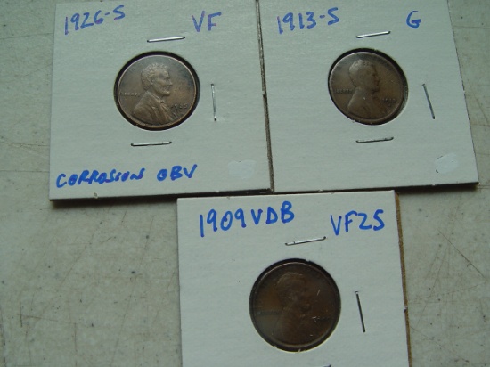 1 Cent Lincoln - 3 Total - 1909VDB - VF, 1913S - G, 1926S - VF Obverse Corrosion