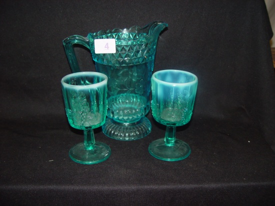 Pattern Glass pitcher & two opalescent glasses