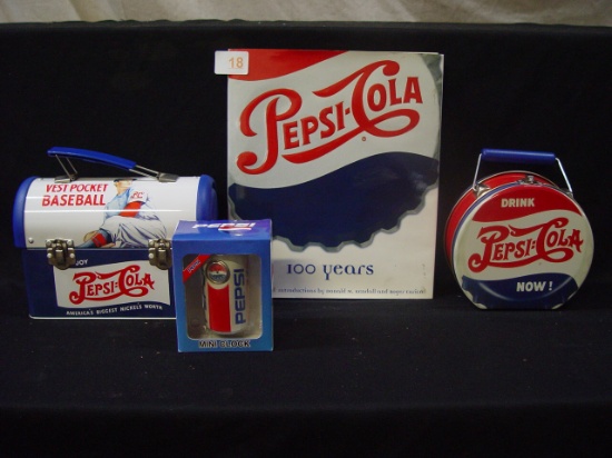 Pepsi 100 Years Book copyright 1997, 2 Lunch Boxes, Mini Pepsi Clock NIB