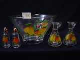 Hand Painted Glass Bowl, Salt & Pepper Shaker & 2 Cruets