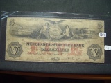 1857 Merchants & Planters Bank, Georgia $5 Obsolete Note