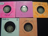 Five Barber Dimes: 1892, 1893, 1899-O, 1900-O, 1909-D