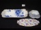 Chintz Relish Dish, Blue Transfer Bowl & Plate, & Flow Blue Celery Dish