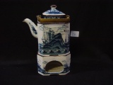 Delft Style Tea Pot & Warming Stand w/Brass Handle