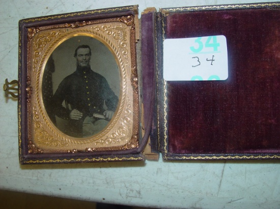 Tin Type Civil War Officer In Soft 3 1/2" X 4" Case