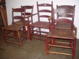 (5) Rush Seated Chairs in Red Paint