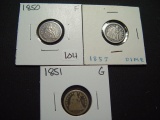 Three Different Seated Dimes: 1850, 1851, 1857