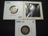 Three Different Seated Dimes: 1886, 1887-S, 1891-O