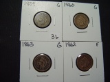 Four Copper/Nickel Indian Cents: 1859, 1860, 1862, 1863