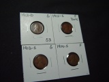 Four Early Lincoln Cents: 1912-D, 1912-S, 1913-S, 1914-S