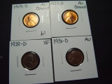 Four XF/AU Lincoln Cents: 1919-S, 1927-S, 1928-D, 1931-D