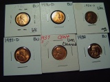 Six BU Lincoln Cents: 1936 P-D-S, 1937-D, 1937-S, 1938