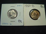 Pair of BU 1950-D Jefferson Nickels