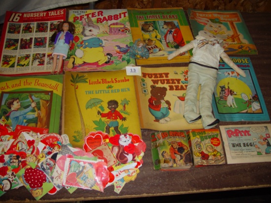 Vintage Cloth Doll, Valentines, & Books, Little Black Sambo &