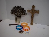 Job Lot of Costume Jewelry, Brass Crucifix, & Hair Piece/Comb