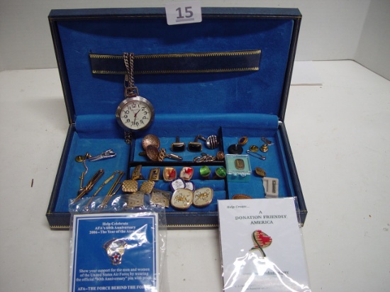 Job Lot of Cuff Links, Pins, Tie Clips, & a Westclox Pocket Watch