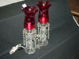 2 Glass Lamps w/ Cranberry Shades