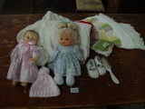 2 Dolls, Baby Shoes, & Blankets & Table Cloth, as is