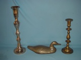 Brass Candle Sticks & Brass Duck 16